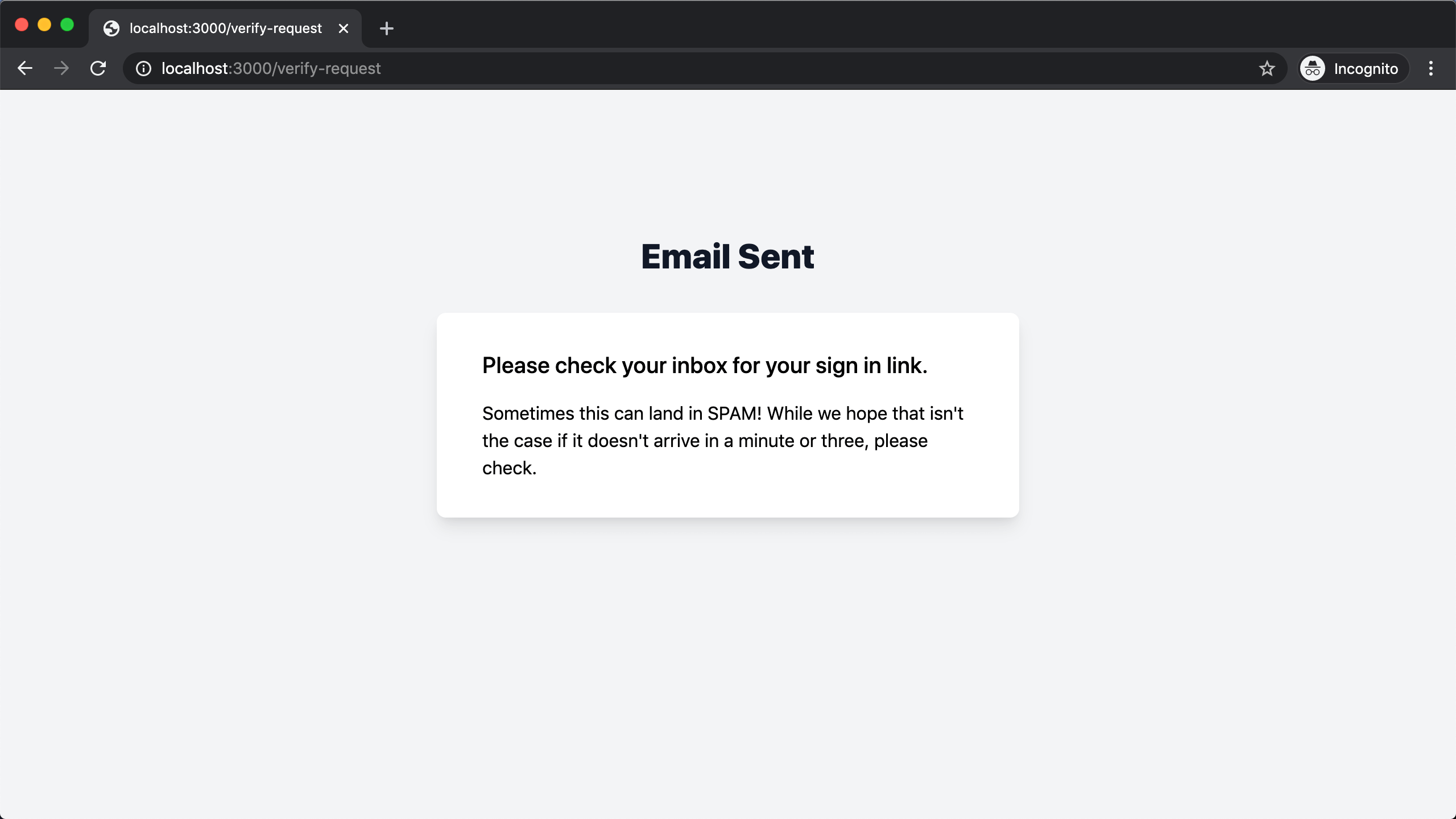 Email sent page